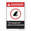 Signmission ANSI Sign, This Equipment Starts Automatically, 5in X 3.5in, 10PK, 3.5" H, 5" W, Landscape, PK10 OS-DS-D-35-L-19892-10PK